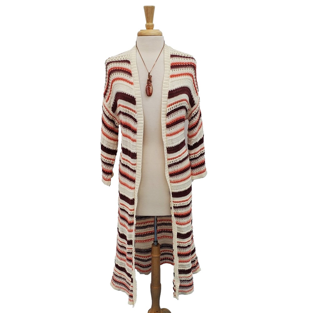 Torrid Womens L‎ Ivory Orange Brown Striped Knit Open Front Duster Cardigan